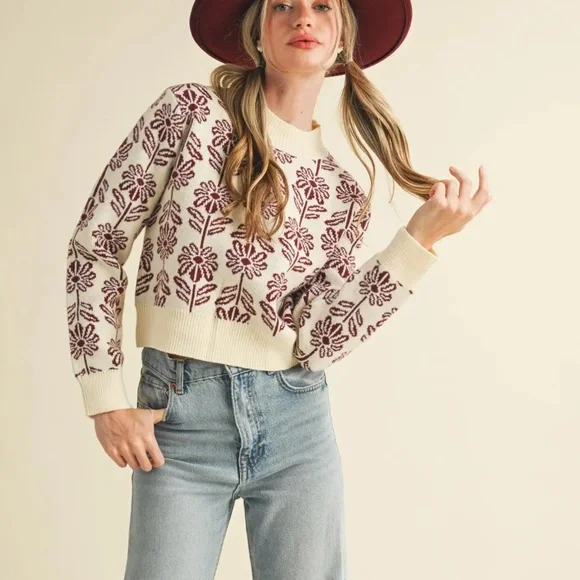 Last 1! NWT Floral Pattern Knit Sweater - Picture 1 of 9